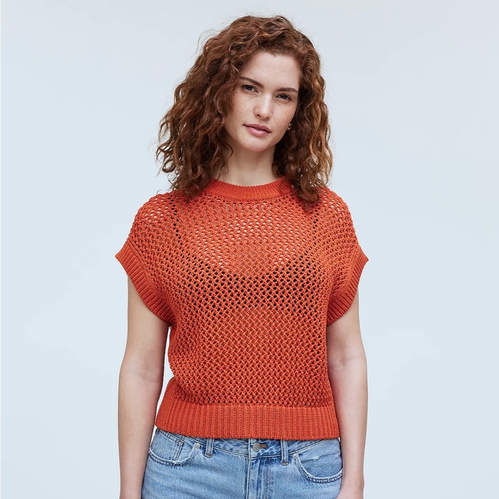 NWT Madewell Open Stitch Sweater Tee Medium Copper Short Sleeve Knit Top